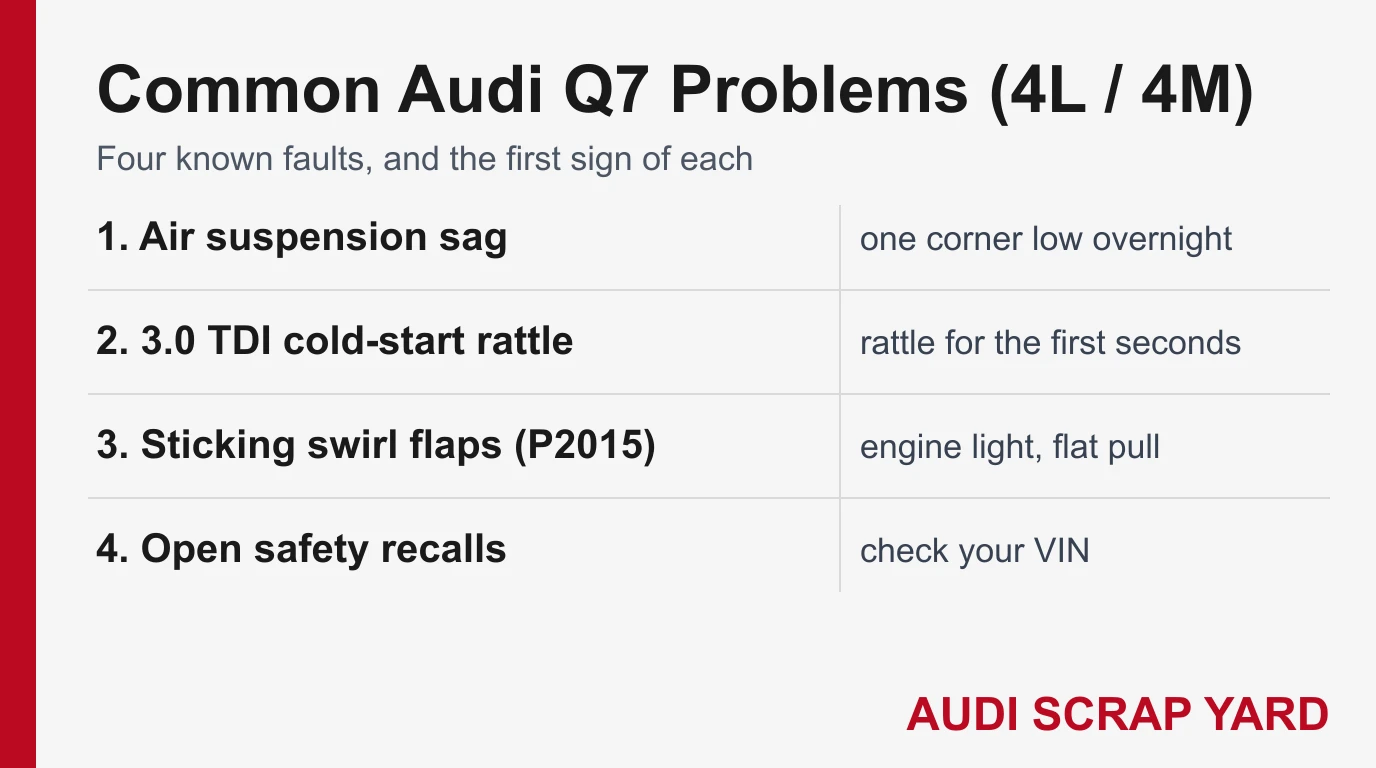 Infographic listing four common Audi Q7 problems, from air suspension sag to the 3.0 TDI cold-start rattle, with the warning sign for each
